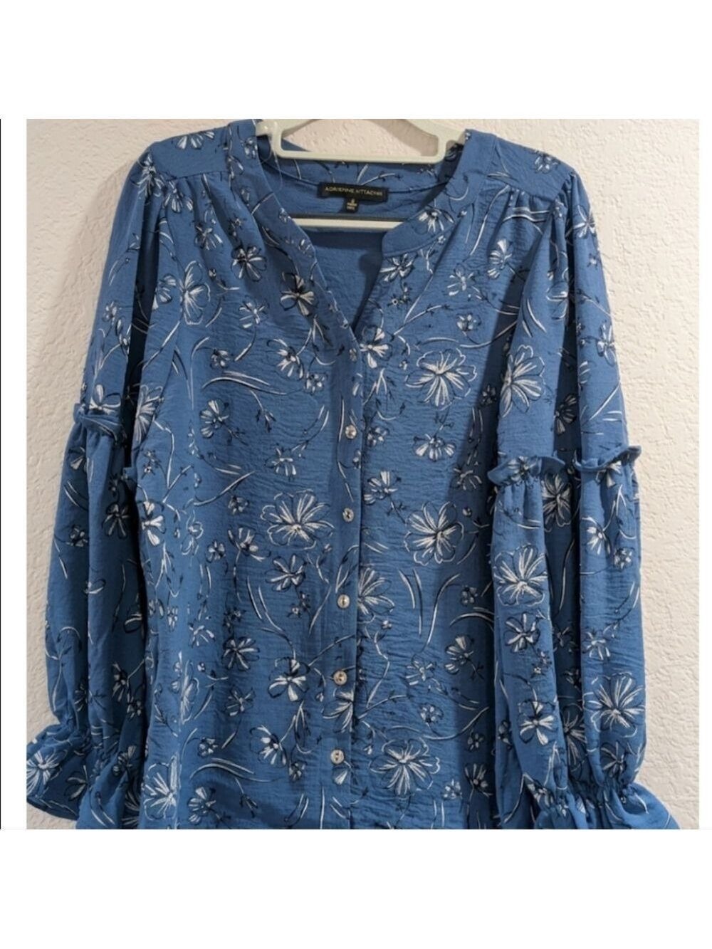 Adrienne Vittadini Blue Floral Button-Down Shirt with Ruffle Sleeves Size Small